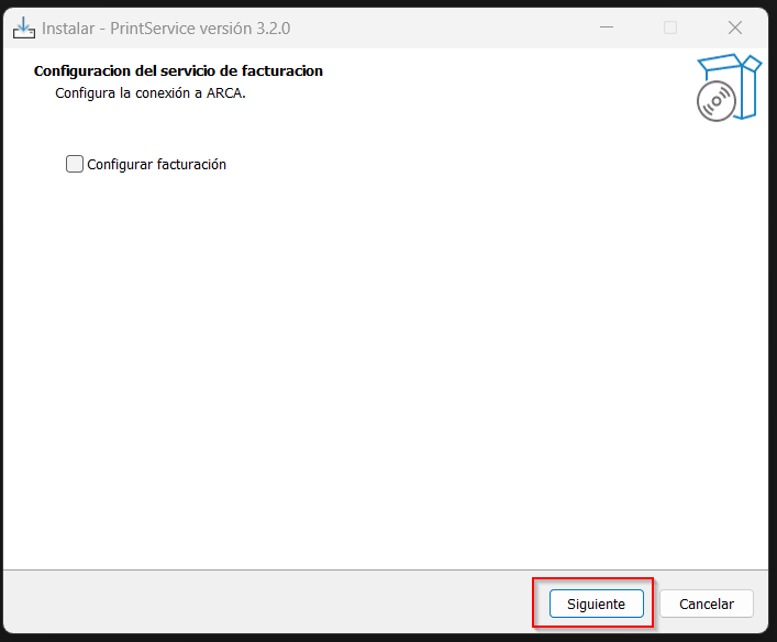 Primera pantalla del instalador del servicio de impresión
