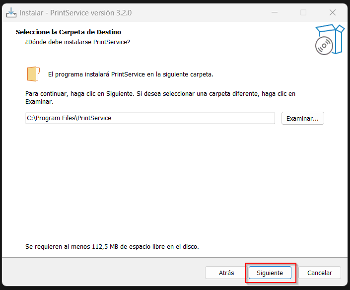 Tercera pantalla del instalador del servicio de impresión