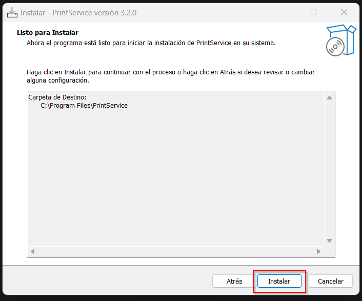 Cuarta pantalla del instalador del servicio de impresión