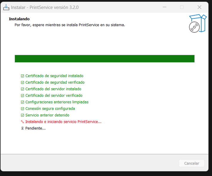 Pantalla final del instalador del servicio de impresión