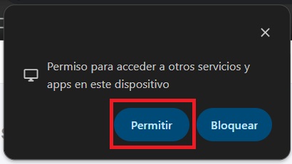 Cartel del navegador solicitando permiso para acceder a servicios y apps del dispositivo