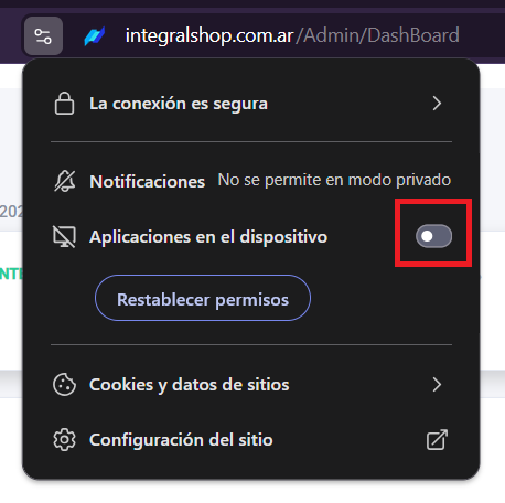 Panel de permisos del sitio web con el acceso a servicios y apps del dispositivo