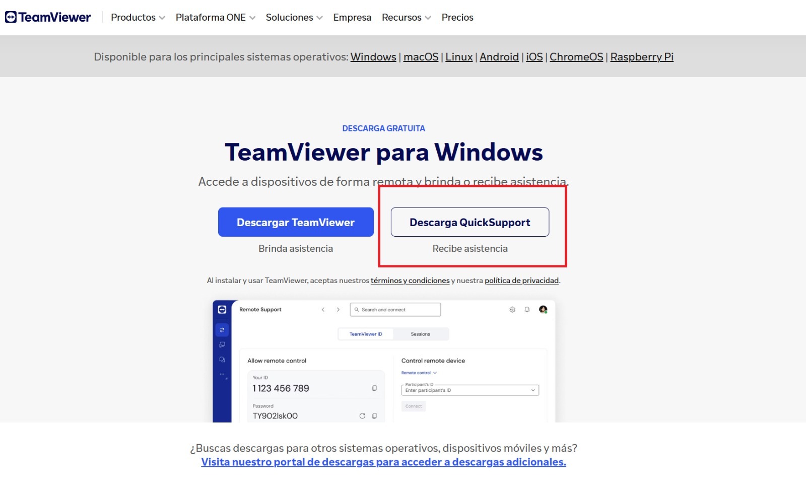 Página de descarga de TeamViewer para Windows con el botón Descarga QuickSupport resaltado en rojo