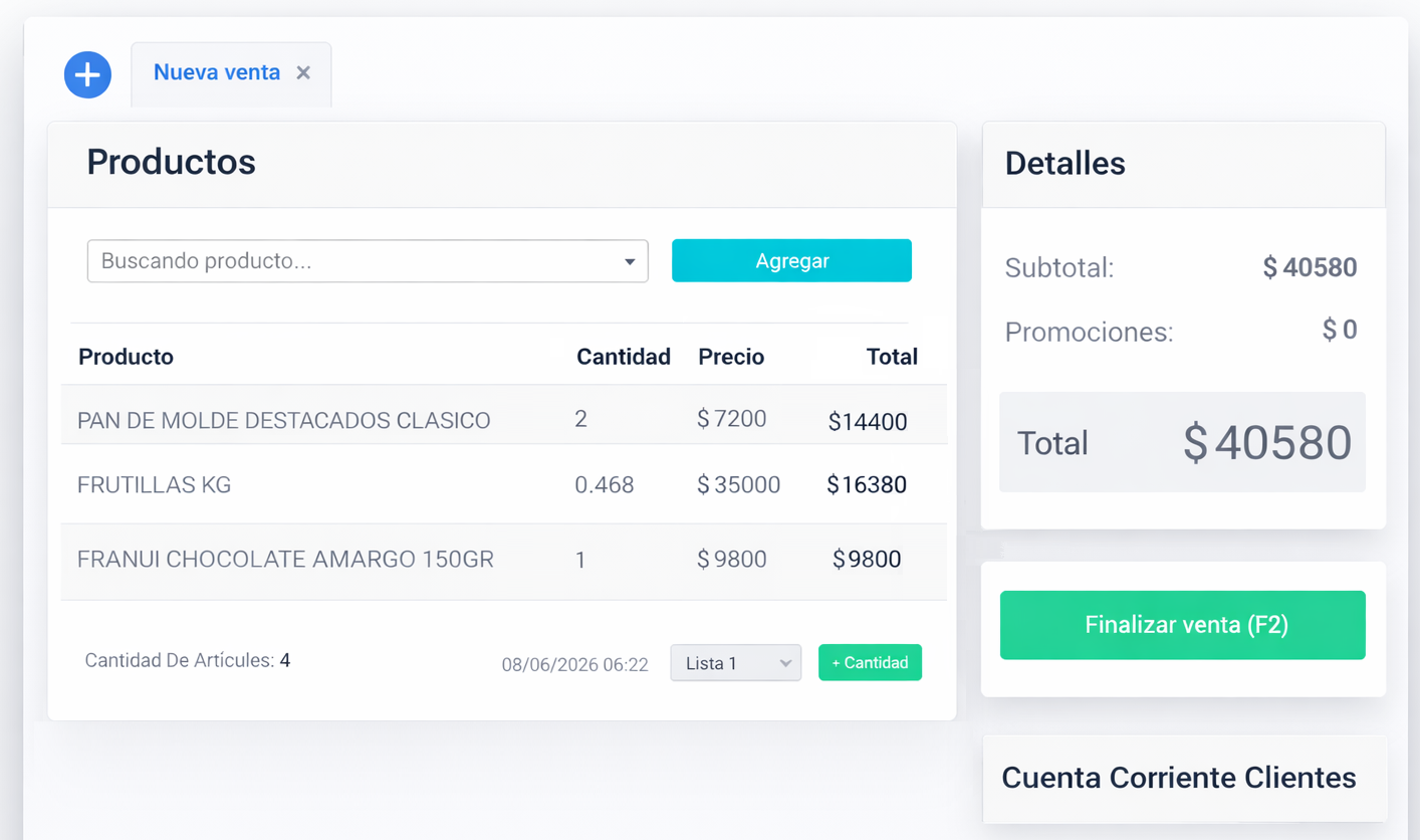 Sistema POS IntegralShop - Pantalla de caja rápida con promociones y facturación ARCA